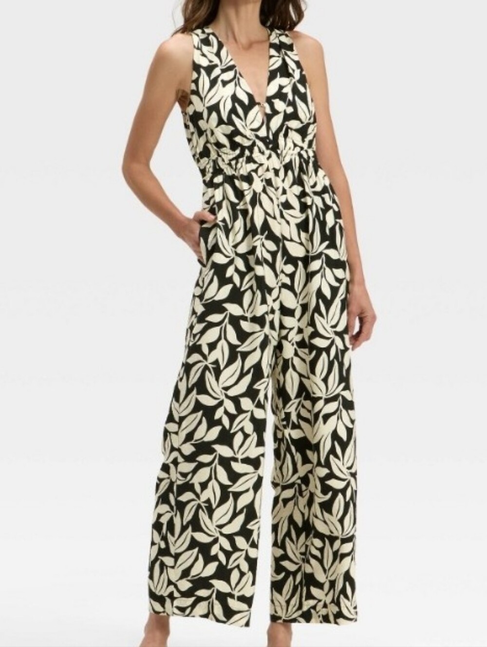 A New Day Black Leaf Sleeveless Wide-Leg Jumpsuit
